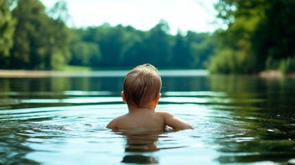 Fototapeta premium Young child enjoying a peaceful swim in a calm lake surrounded by lush greenery, serene and carefree outdoor summer activity for families