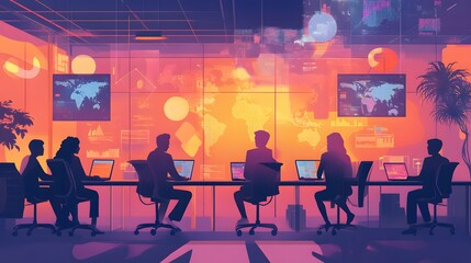 A vibrant illustration of diverse people working together in an open office, surrounded by digital screens displaying global maps
