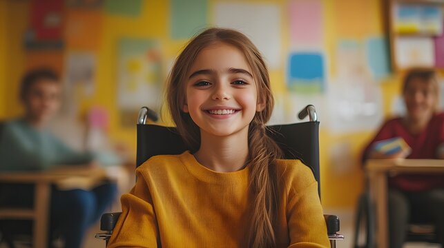 Happy schoolgirl in a wheelchair smiling in a bright inclusive classroom, surrounded by diverse students, books, and colorful posters