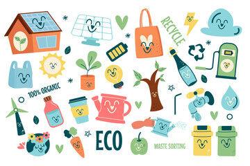 Collection kawaii eco friendly cute elements flat design