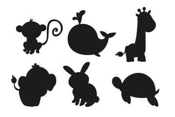Set silhouette animal characters whale, giraffe, turtle, rabbit, elephant, monkey