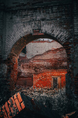 Ruins of an old red brick building in the village.