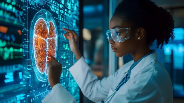 High-tech medical lab, black female doctor examining 3D AI holographic models of human organs, vibrant data visuals in blue and green tones