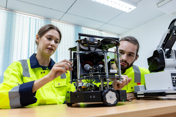 Male and female using tablet staff engineer with robot for education at class room. Education for future robotics learning innovation. Workshop maintenance technical.