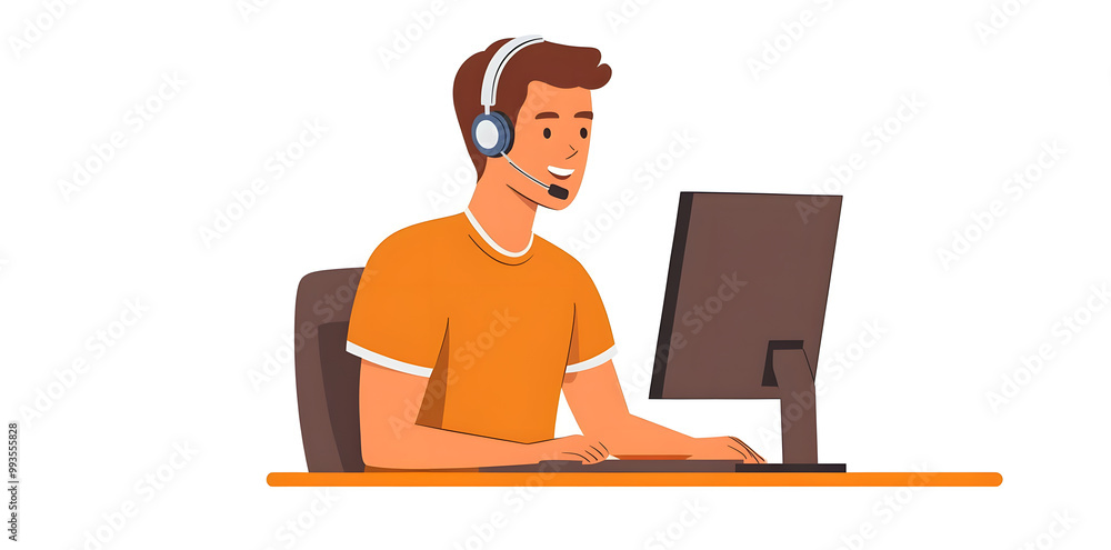 Poster Young man working in customer service wearing a headset flat illustration isolated on background