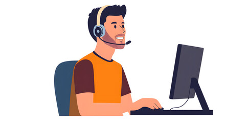Young man working in customer service wearing a headset flat illustration isolated on background