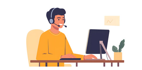Young man working in customer service wearing a headset flat illustration isolated on background