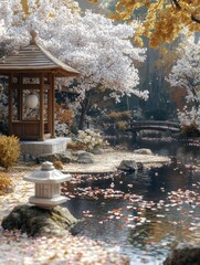 Obraz premium Tranquil Japanese Garden with Cherry Blossoms and Pond