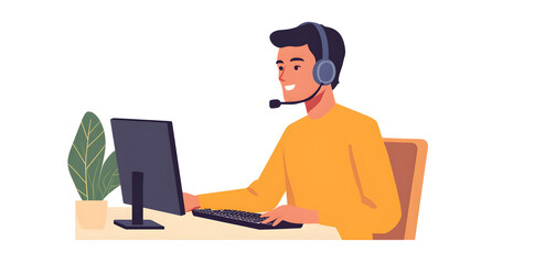 Young man working in customer service wearing a headset flat illustration isolated on background