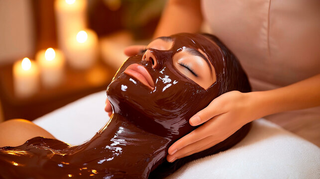 Woman relaxing with a chocolate facial mask during a luxurious spa treatment, ideal for self-care, skincare, and wellness themes