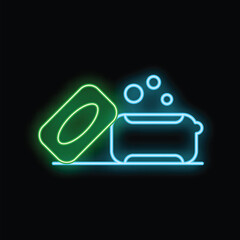 Glowing neon sign representing a bar of soap and a bathtub full of water with bubbles, concept of hygiene and cleanliness
