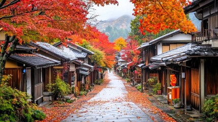 Fototapeta premium Autumn Foliage Street in Traditional Japanese Village