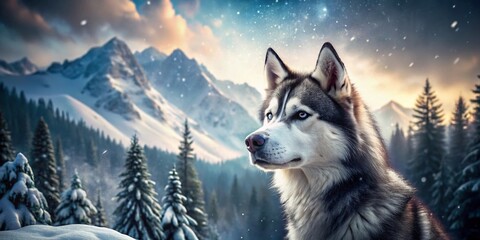 Naklejka premium Stunning Digital Art of a Majestic Husky in a Winter Wonderland with Snow-Covered Trees and Mountains