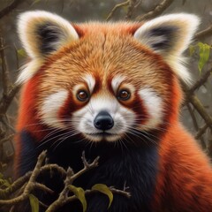 A close-up of a red panda among branches in a natural setting.