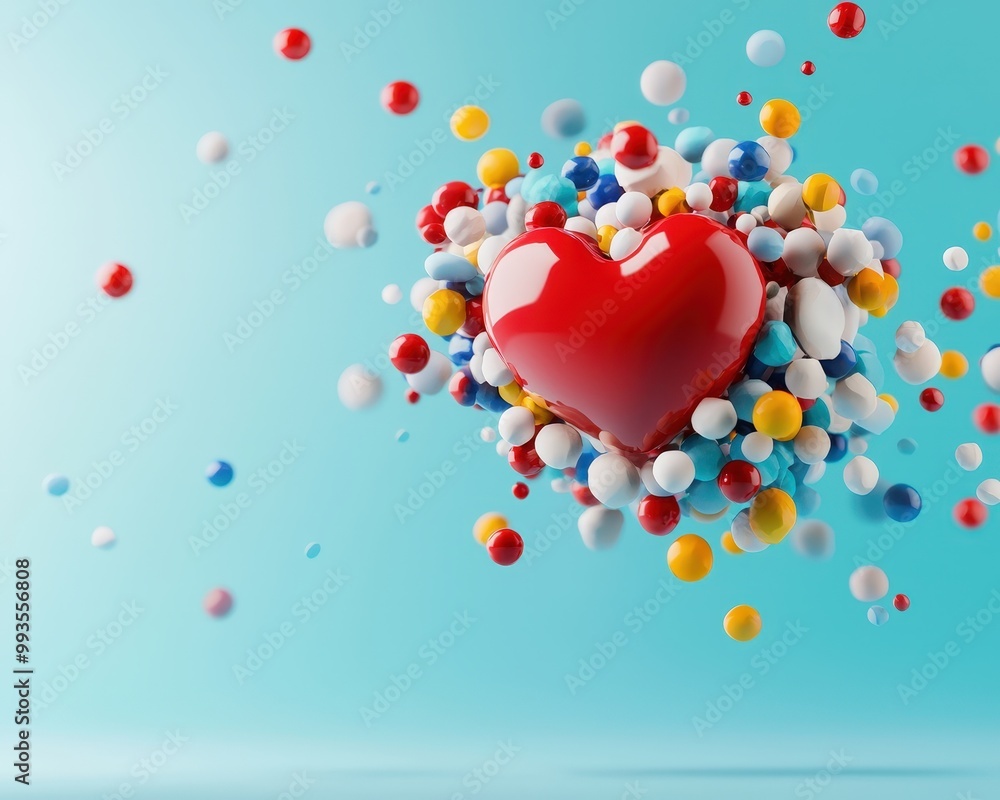 Poster a vibrant red heart surrounded by colorful bubbles and spheres, creating a joyful and festive atmosp