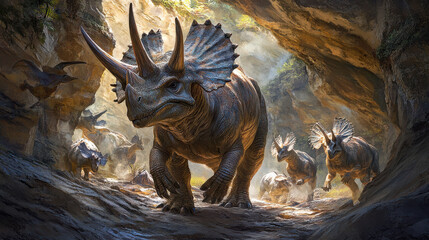 A herd of Triceratops dinosaurs migrating through a rocky canyon, the towering walls covered in...