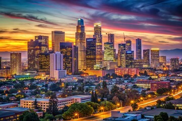 Obraz premium Stunning Evening View of LA Downtown Skyline with Vibrant City Lights and Majestic Skyscrapers