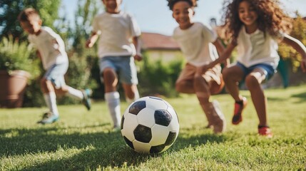 Children playing soccer joyfully in a sunny backyard during afternoon in summer with a focus on a rolling ball