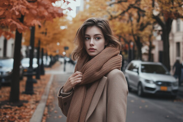 Fototapeta premium Stylish young woman in a cozy autumn outfit walking down a tree-lined street with vibrant fall colors, capturing the essence of seasonal urban fashion