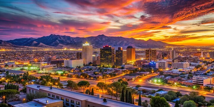 Stunning El Paso Skyline at Dusk with Vibrant Sunset Colors and City Lights Illuminating the View