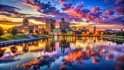 Fototapeta premium Stunning Flint Skyline at Dusk with Vibrant City Lights and Reflections on the Water Surface