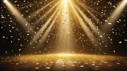 A festive illustration of a stage with a golden confetti rain with  a light beam in the middle of the stage