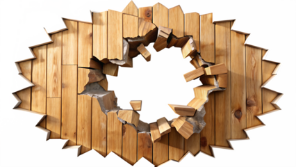 Hole breaking through wooden wall isolated on white background
