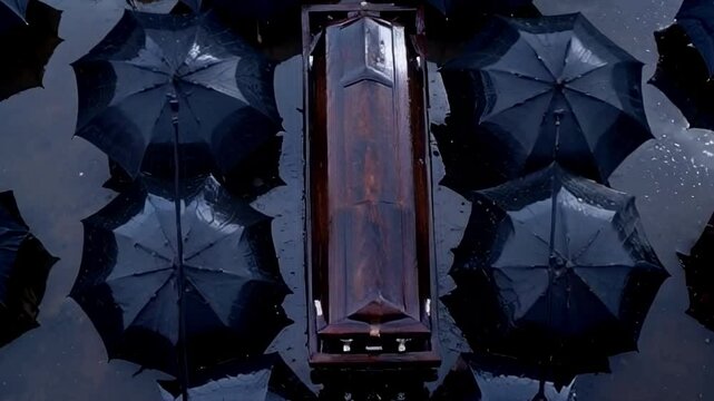 funeral, shot from the top, coffin in the middle of the frame, around it numerous amout of black umbrellas, rain falling down