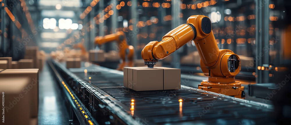 Poster innovation in logistics, advanced automated warehouse with robotic arms efficiently sorting packages