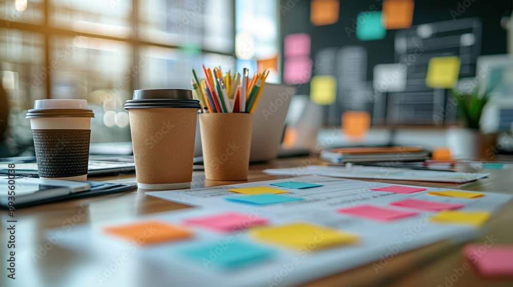 Poster project management tools, a group brainstorming session with project management tools on a whiteboar