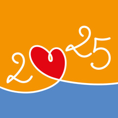 Carte de vœux 2025 sur le concept des rencontres et des relations amoureuses, symbolisé par un dessin au trait d’un coeur rouge sur fond coloré.