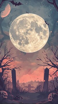 Flat lay Vector Illustration A poster for halloween with a full moon in the background, Happy Halloween