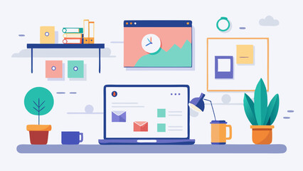 A brightly lit illustration portraying an ideal setup for computer-based work at home.