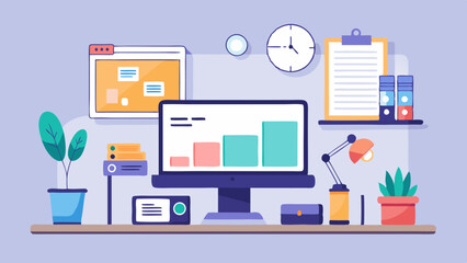 A colorful depiction of a modern workspace with technology and indoor plants.