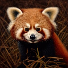 A close-up of a red panda with expressive features in its habitat.