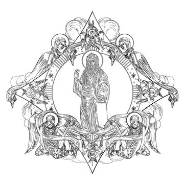 jesus christ surrounded by angels, black and white clip art preview