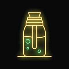 Glowing neon line icon of a french press coffee maker brewing a fresh cup of coffee isolated on a black background