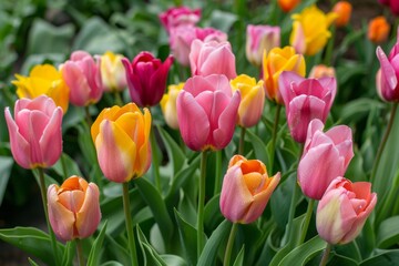 Naklejka premium A close-up of vibrant pink, yellow, and orange tulips blooming in a garden.