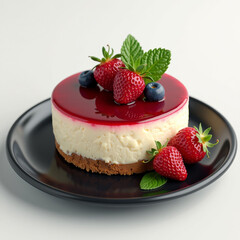 A cheesecake with berries and raspberries on a black plate with mint leaf