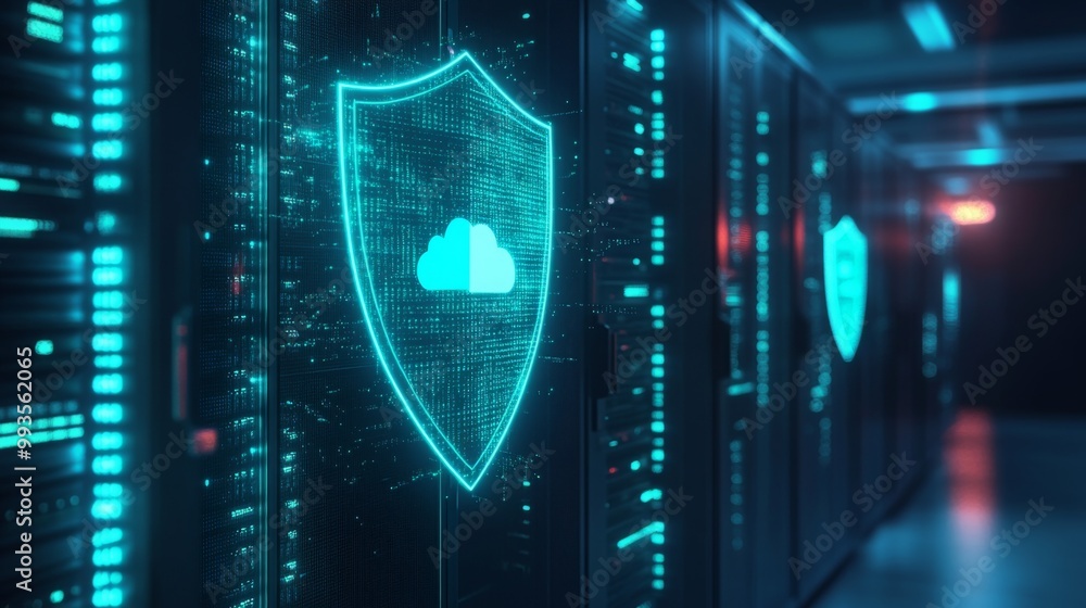 Aufkleber A digital shield of the future, set within a server room, showcasing cloud computing for software, cybersecurity, and IT storage.