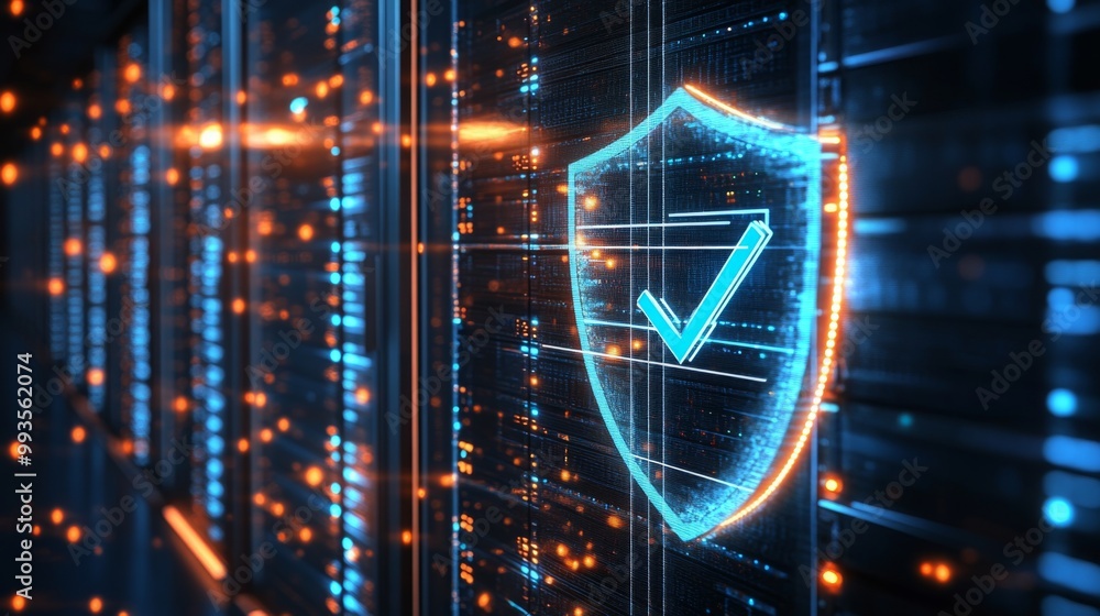 Aufkleber in the server room, a futuristic digital shield represents cloud computing and cybersecurity, ideal 