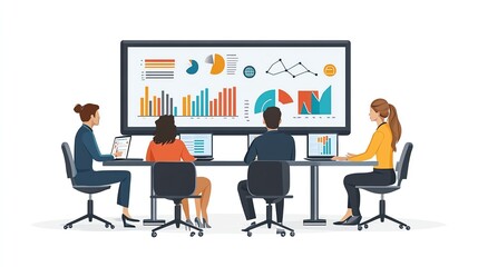 Fototapeta premium Strategic planning meeting, office environment, flat design with modern tech elements, isolated on white background