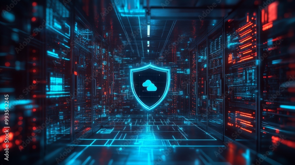 Aufkleber A futuristic digital shield, seen in a server room, represents cloud computing solutions for software, cybersecurity, and data storage backup.
