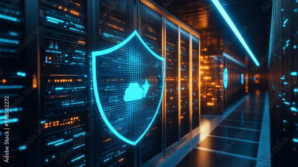 Aufkleber in the server room, a futuristic digital shield represents cloud computing and cybersecurity, ideal 