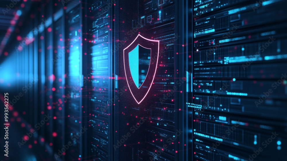 Aufkleber A digital shield of the future, set within a server room, showcasing cloud computing for software, cybersecurity, and IT storage.