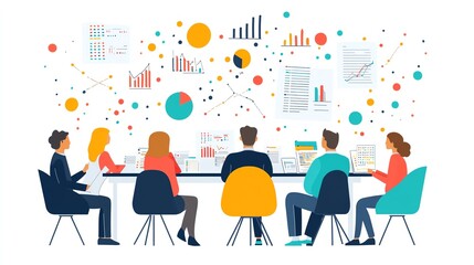 Team planning session, strategy charts and documents, minimalist vector, isolated on white background