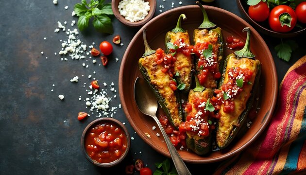 Mexican Chiles Rellenos Stuffed with Cheese and Topped with Salsa (Mexican Cuisine)