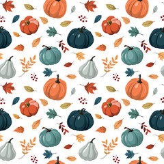 Autumn seamless pattern with colorful pumpkins, forest leaves and red berries. Vector cartoon flat illustration. Fall harvest, Thanksgiving wallpaper, graphic.