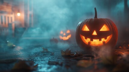 Naklejka premium An empty scene featuring a blurred background with soft-focus eerie fog and glowing jack-o'-lanterns, creating an ideal product mockup space,