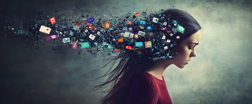 powerful visual metaphor of social media addiction, with a young woman's head bursting open from the pressure of excessive information.information illustrated by a young woman's brain exploding .